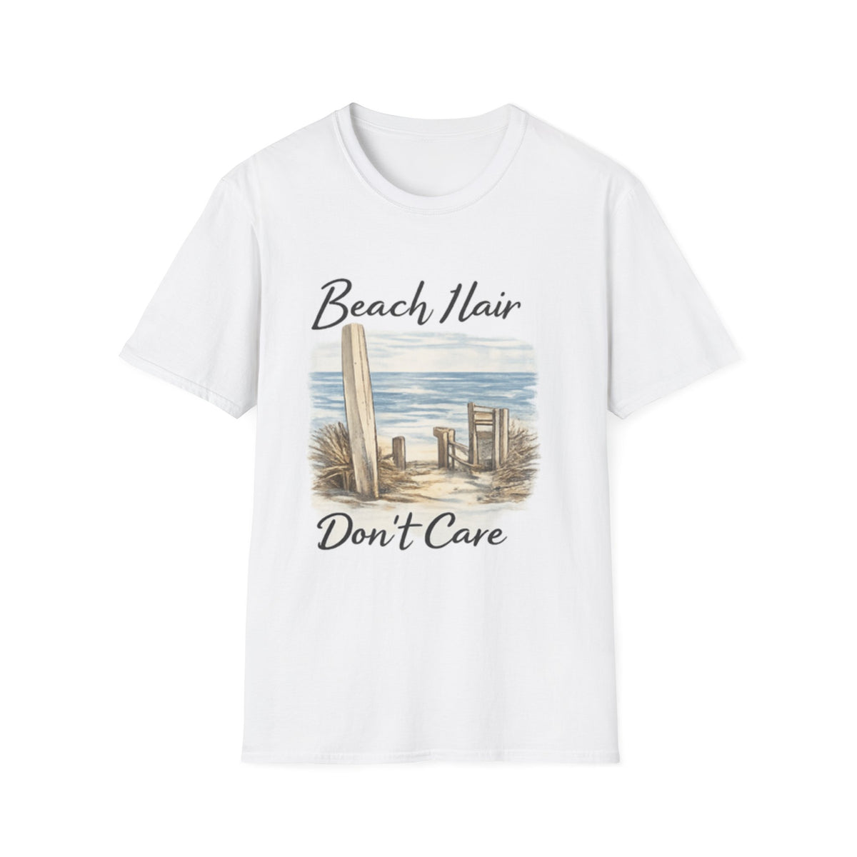 Beach Hair Don't Care T-Shirt — Coastal Surfboard & Chair Graphic Tee