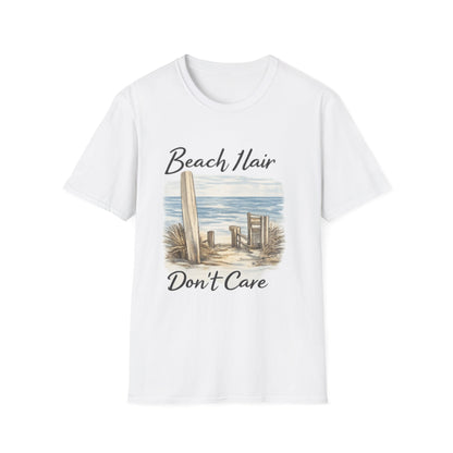 Beach Hair Don't Care T-Shirt — Coastal Surfboard & Chair Graphic Tee