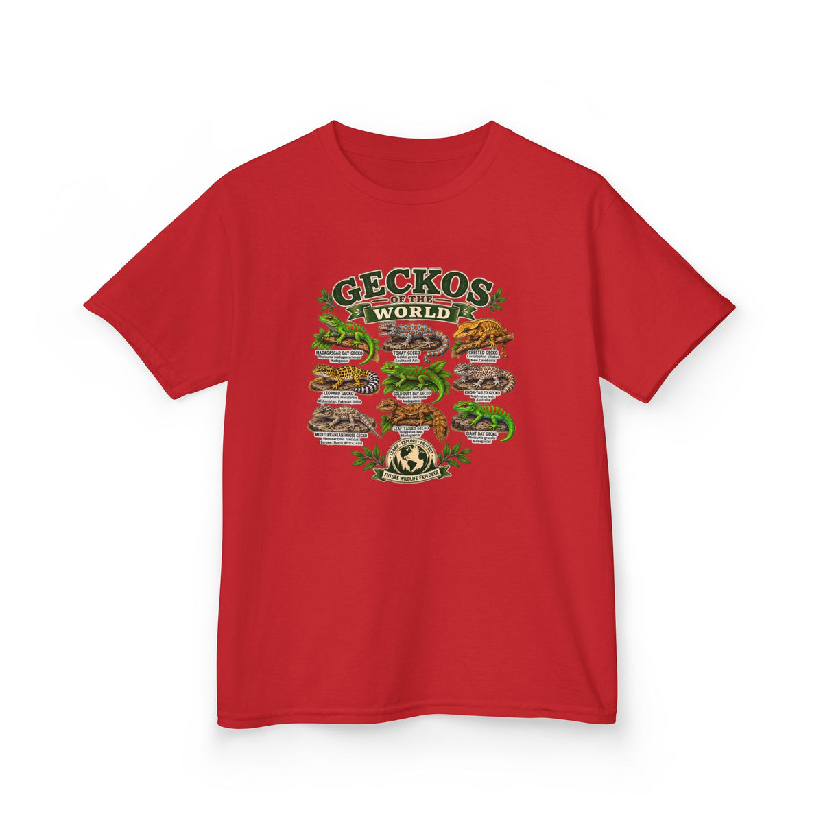 Kids T-Shirt — "Geckos of the World" Illustrated Reptile Tee