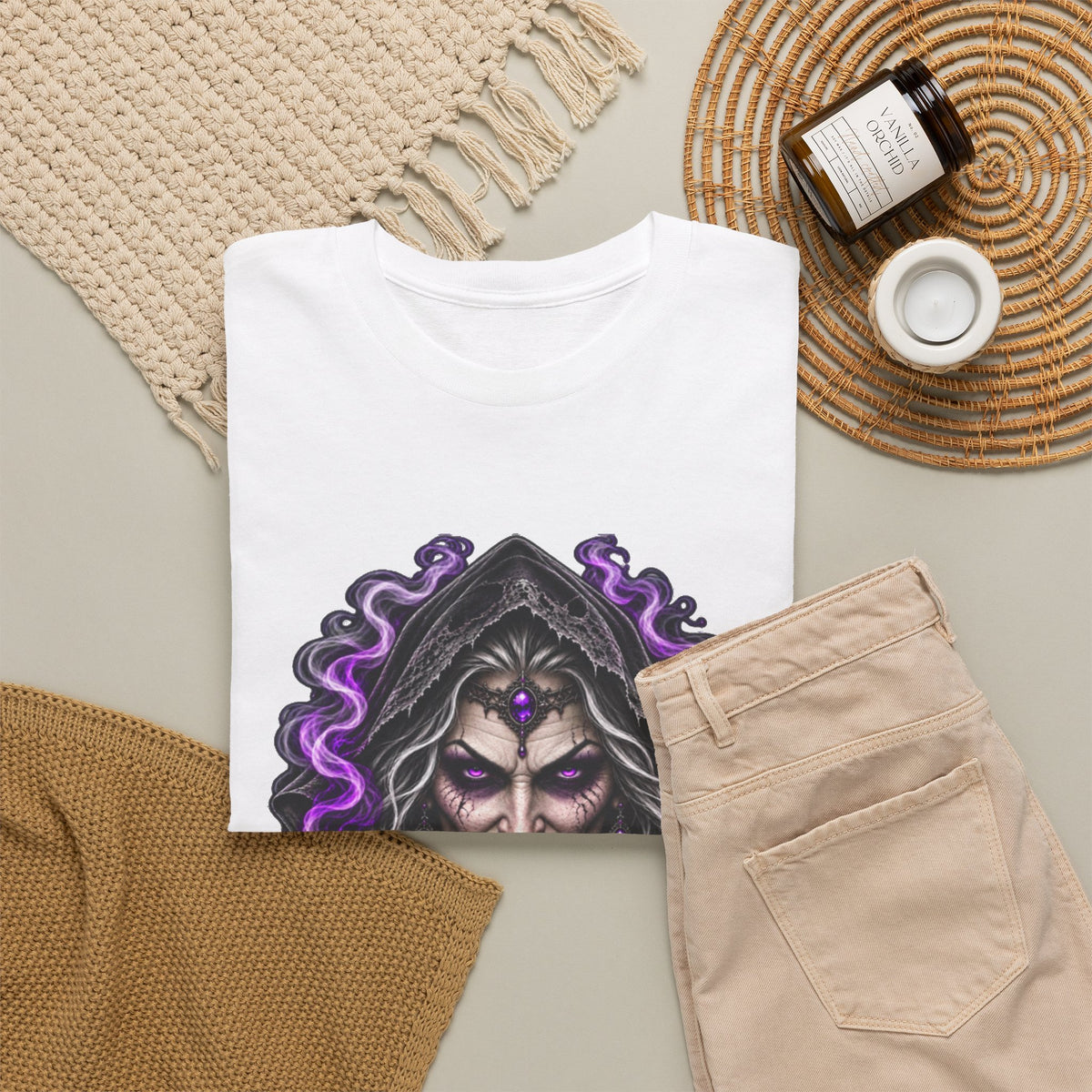 Witch Hood Graphic Tee — Dark Mystic Sorceress Shirt (Purple Drip)