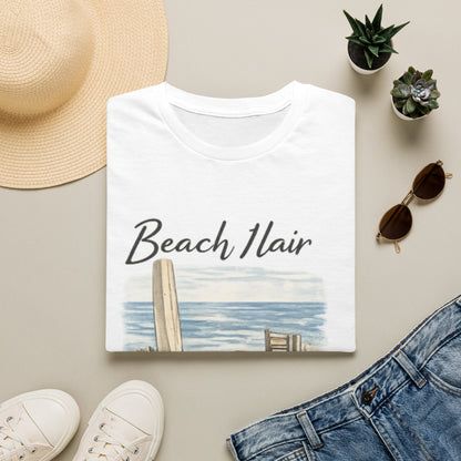 Beach Hair Don't Care T-Shirt — Coastal Surfboard & Chair Graphic Tee