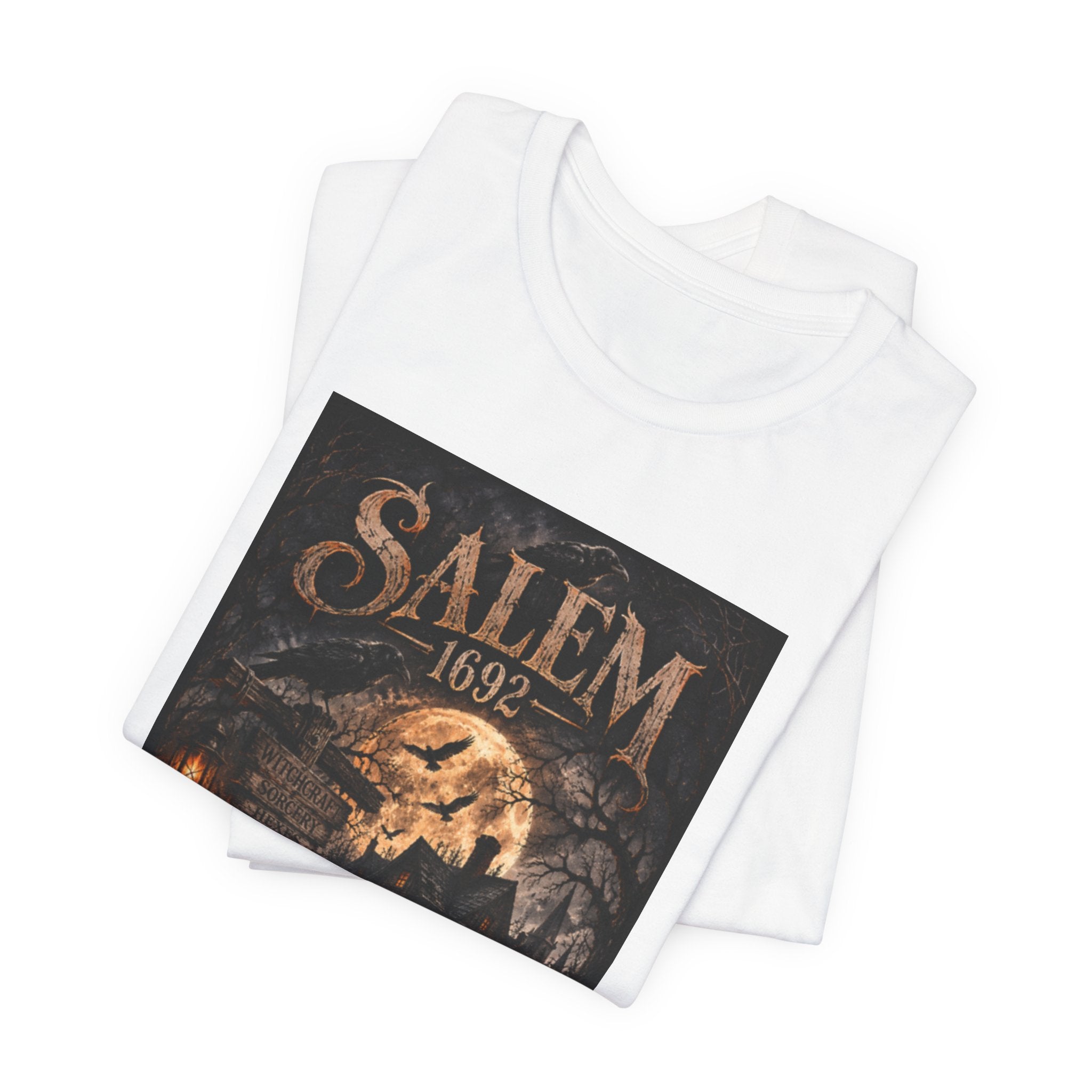 Salem 1692 Witchcraft Illustration Tee | Haunted Village, Moonlit Halloween