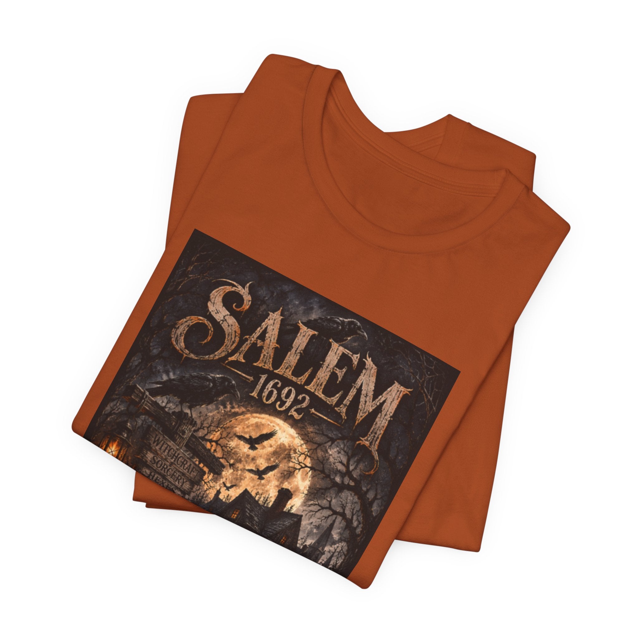 Salem 1692 Witchcraft Illustration Tee | Haunted Village, Moonlit Halloween