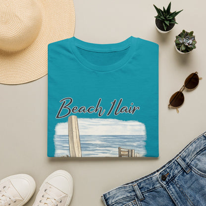 Beach Hair Don't Care T-Shirt — Coastal Surfboard & Chair Graphic Tee