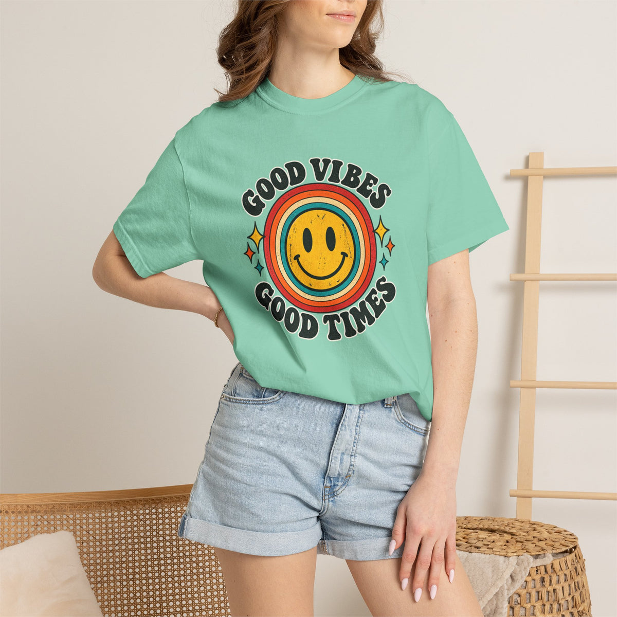 Good Vibes Good Times Smiley Face T-Shirt | Retro Rainbow Graphic
