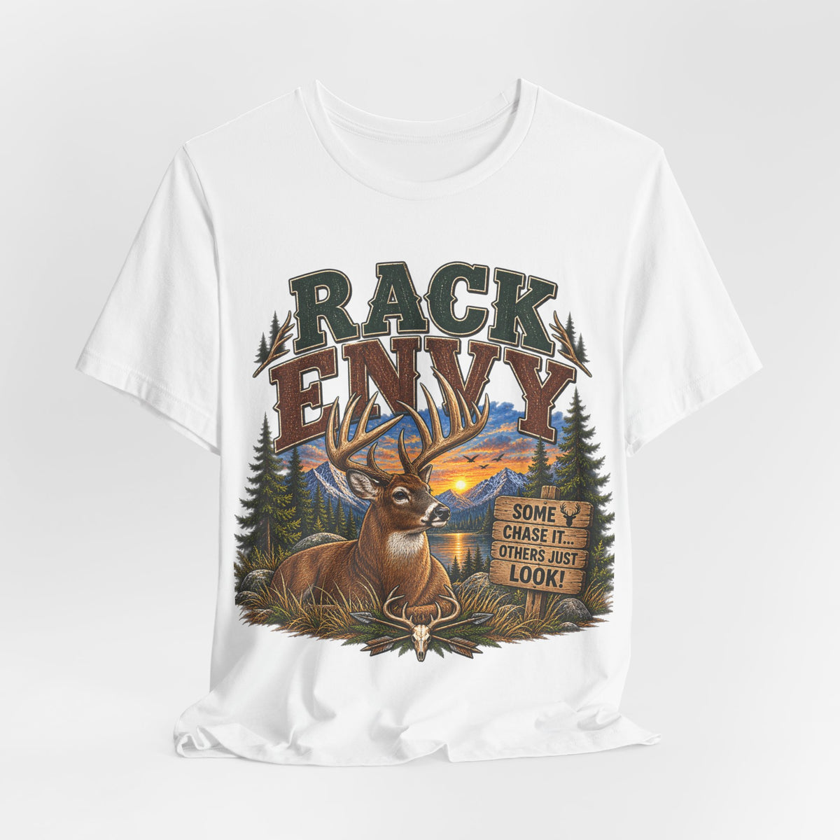 Rack Envy Deer Hunting T-Shirt — "Rack Envy" Graphic Tee with Buck & Forest Scene