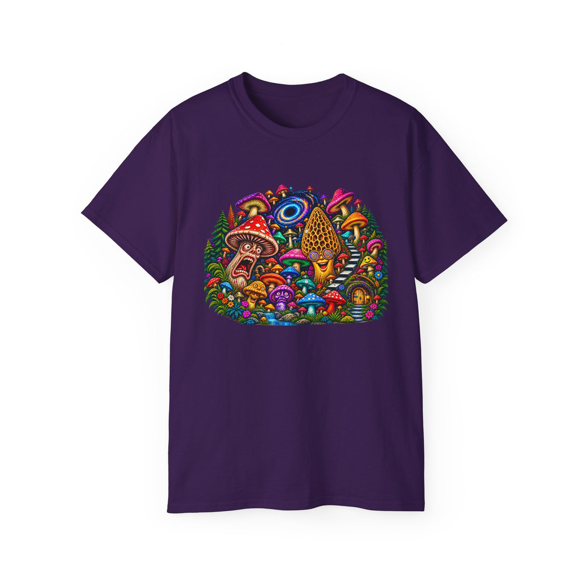 Psychedelic Mushroom Garden Tee — Colorful Magic Fungi Graphic T-Shirt