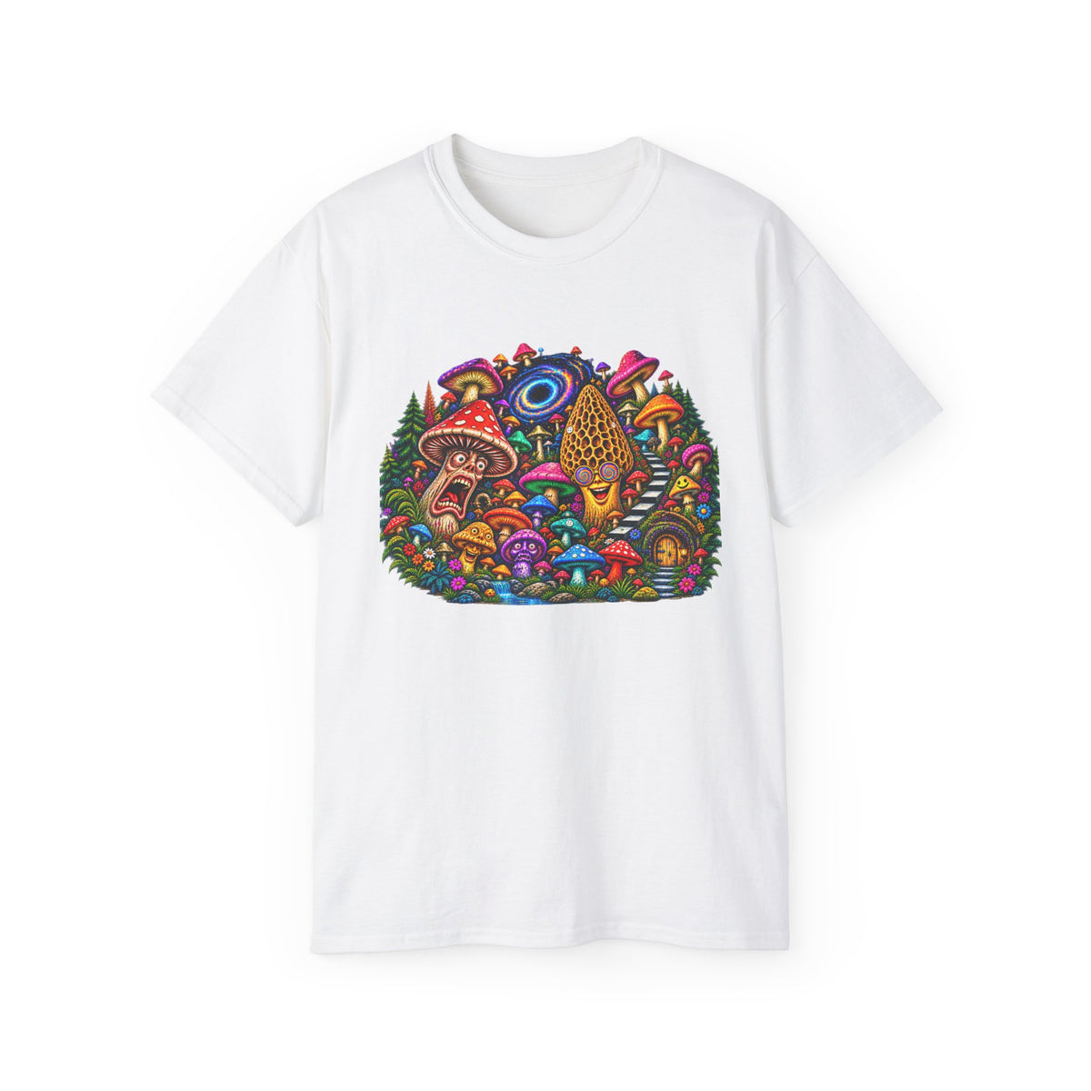 Psychedelic Mushroom Garden Tee — Colorful Magic Fungi Graphic T-Shirt