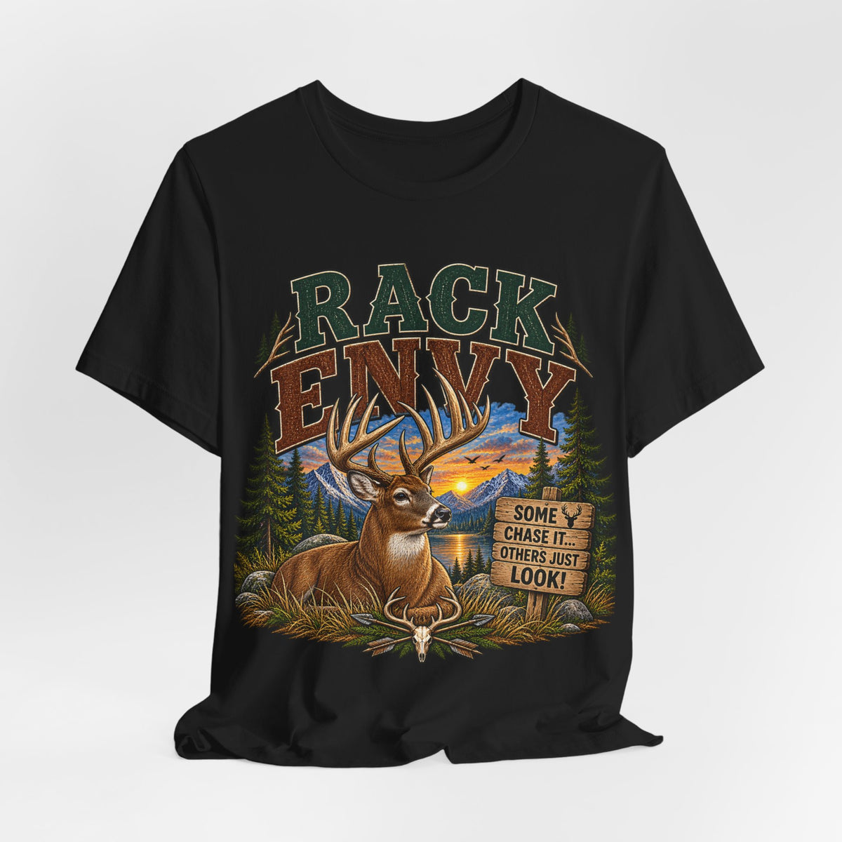 Rack Envy Deer Hunting T-Shirt — "Rack Envy" Graphic Tee with Buck & Forest Scene