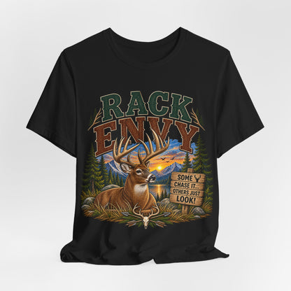 Rack Envy Deer Hunting T-Shirt — "Rack Envy" Graphic Tee with Buck & Forest Scene