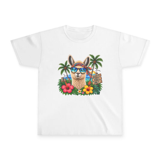 Youth Tee — Tropical Llama Vacation Shirt with Sunglasses & 'Aloha Vibes' Design