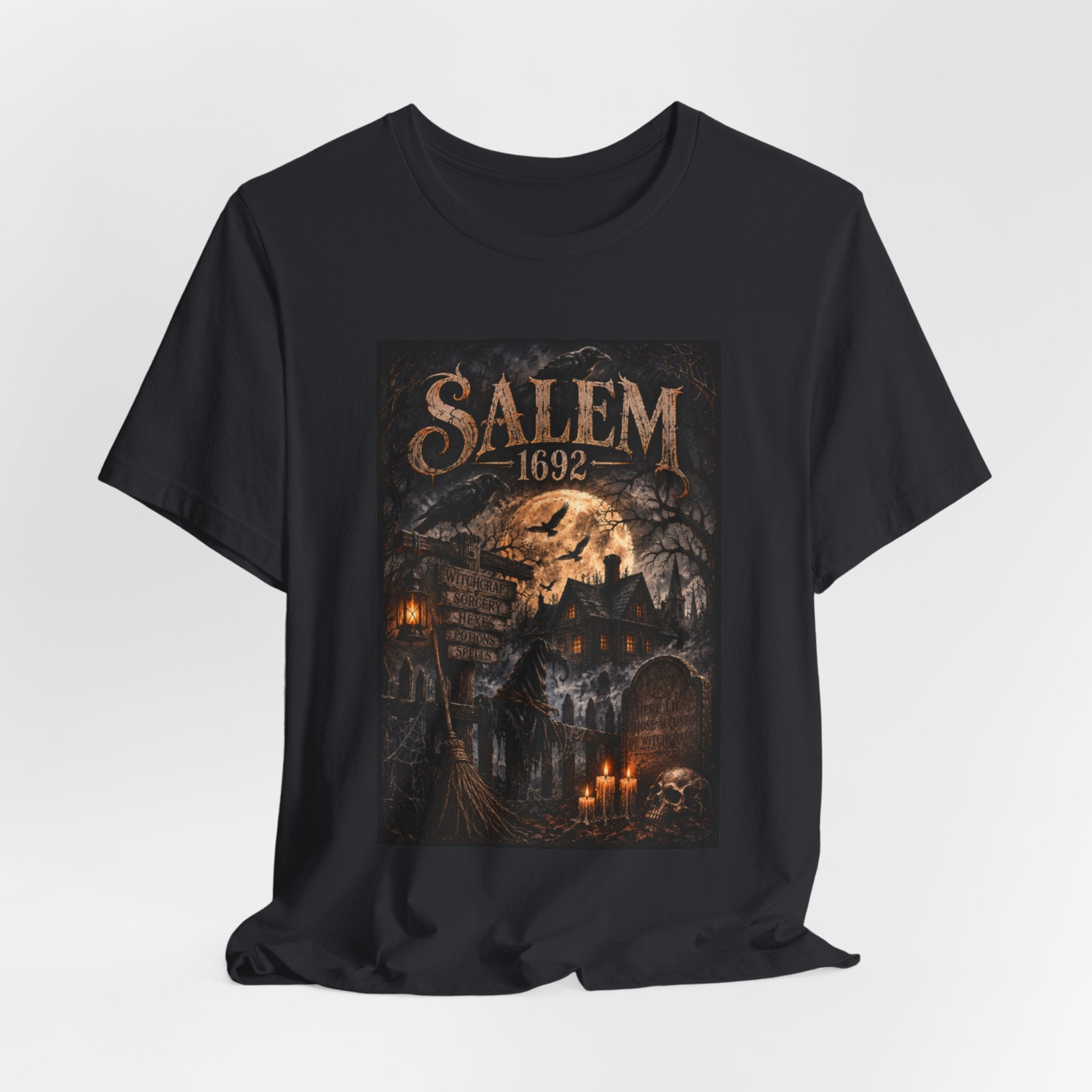 Salem 1692 Witchcraft Illustration Tee | Haunted Village, Moonlit Halloween