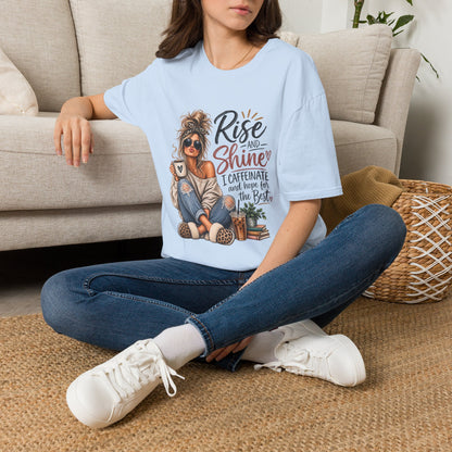 Rise and Shine Coffee Tee — 'I Caffeinate and Hope for the Best' Graphic T-Shirt