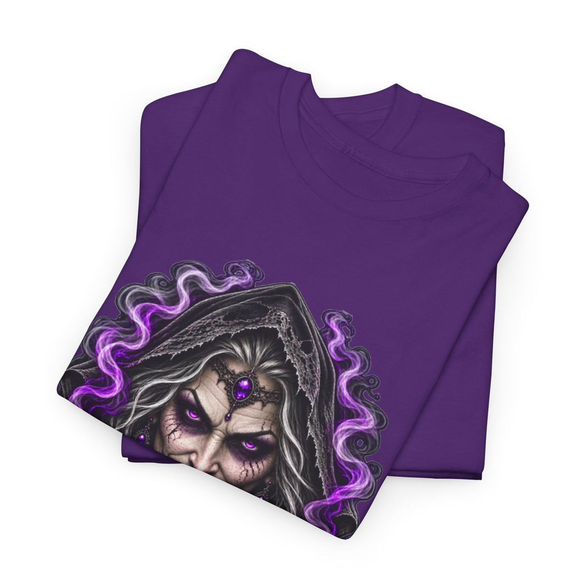 Witch Hood Graphic Tee — Dark Mystic Sorceress Shirt (Purple Drip)