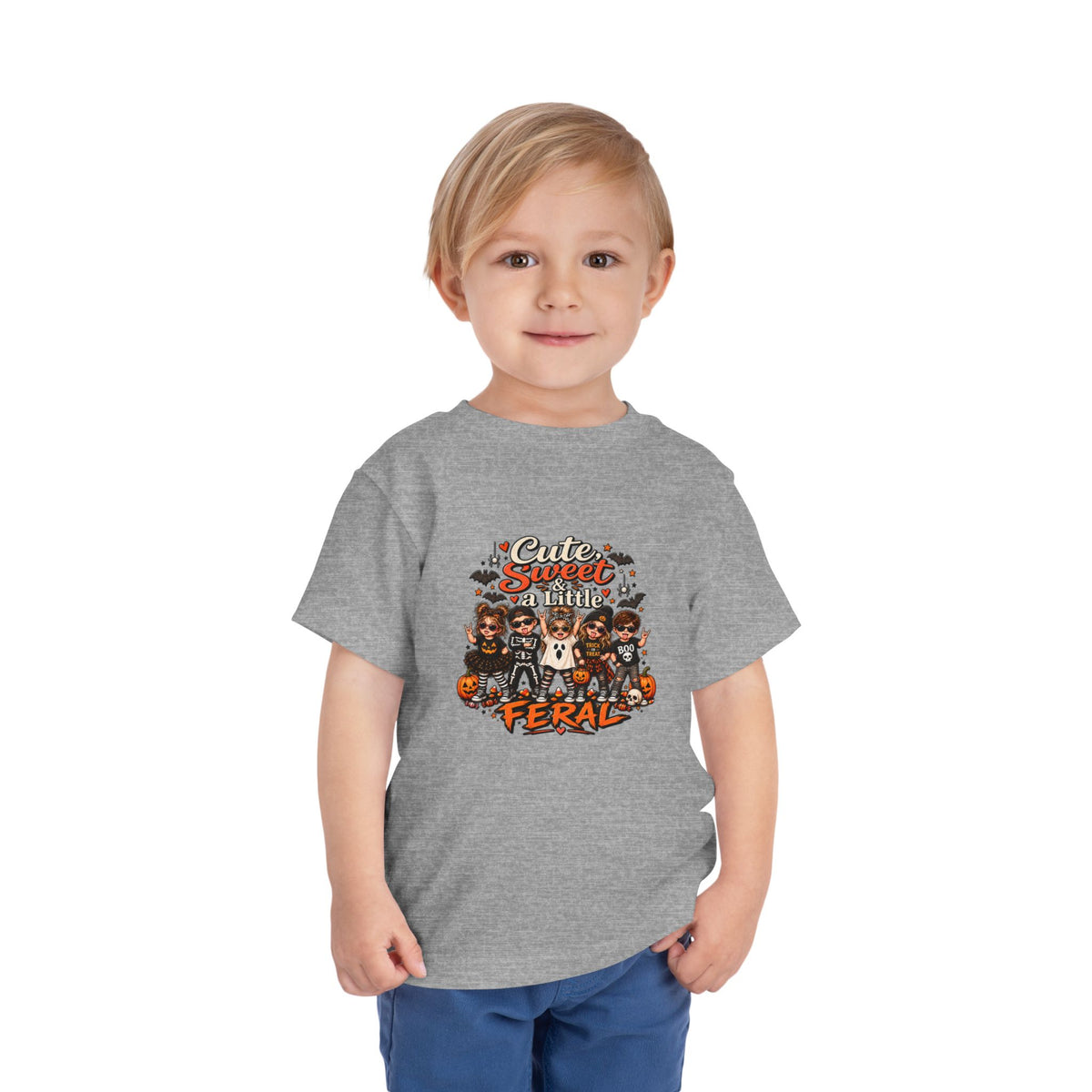 Toddler Tee — "Cute, Sweet, Little, Feral" Halloween Kids Graphic Shirt