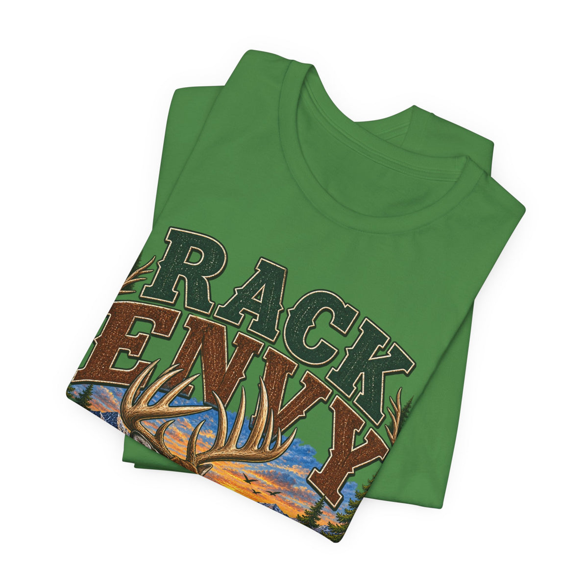 Rack Envy Deer Hunting T-Shirt — "Rack Envy" Graphic Tee with Buck & Forest Scene