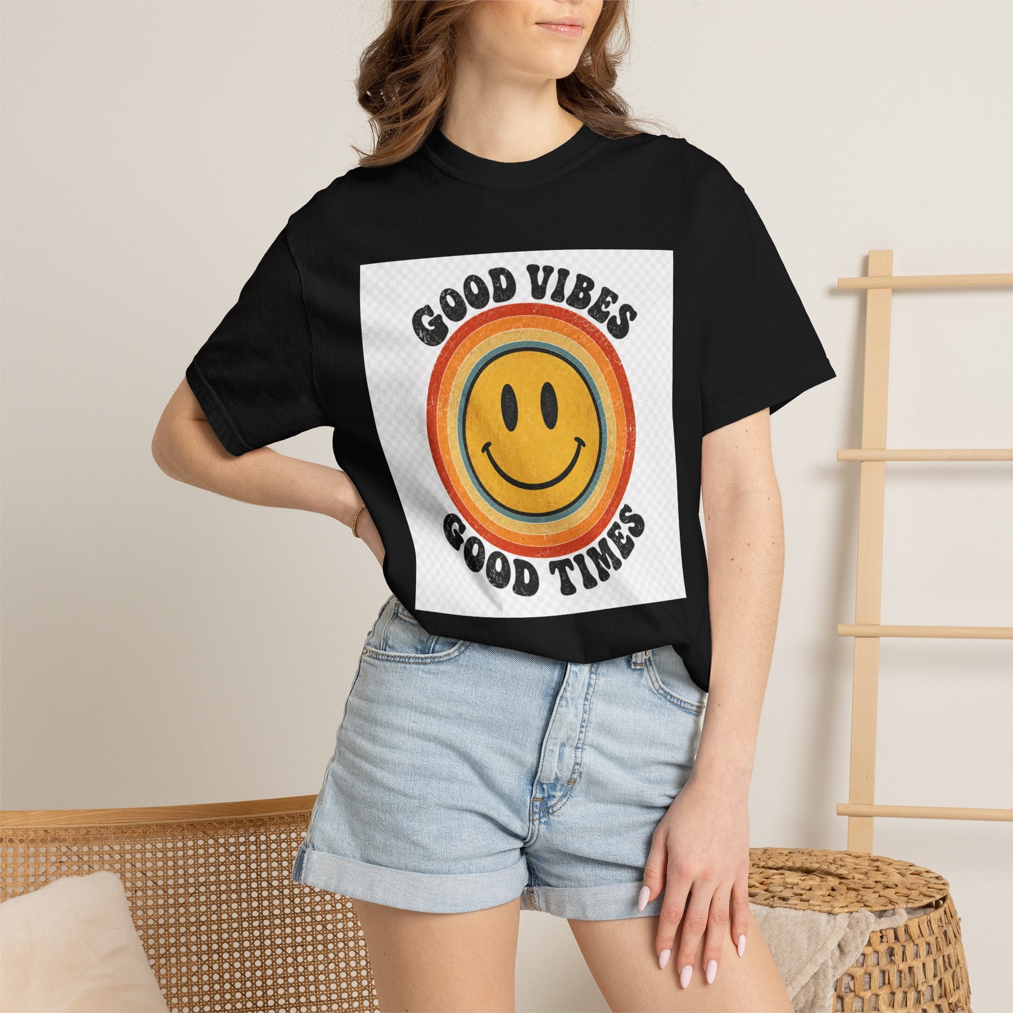 Good Vibes Good Times Smiley Face T-Shirt | Retro Rainbow Graphic