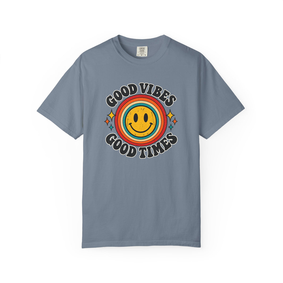 Good Vibes Good Times Smiley Face T-Shirt | Retro Rainbow Graphic