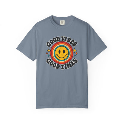 Good Vibes Good Times Smiley Face T-Shirt | Retro Rainbow Graphic