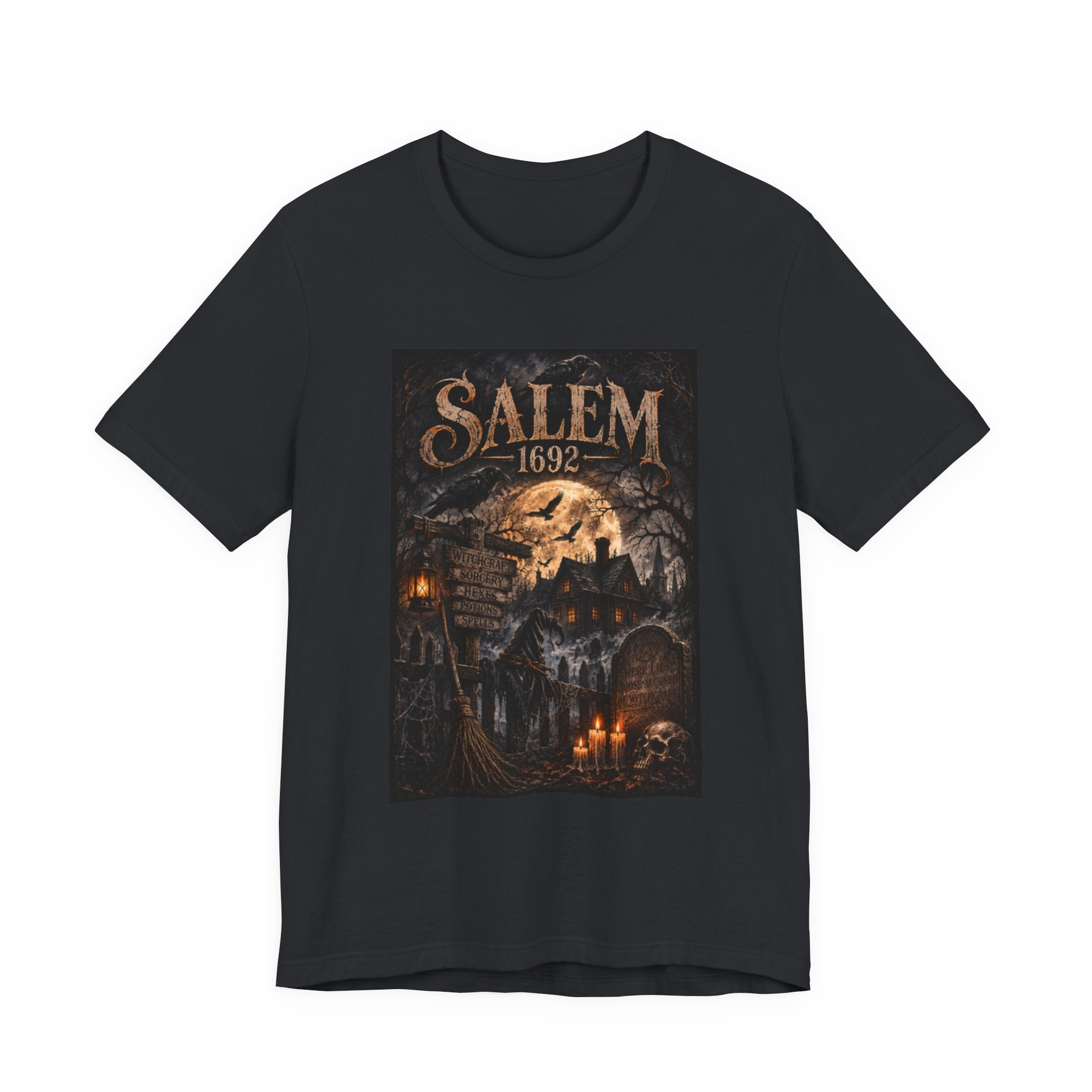 Salem 1692 Witchcraft Illustration Tee | Haunted Village, Moonlit Halloween