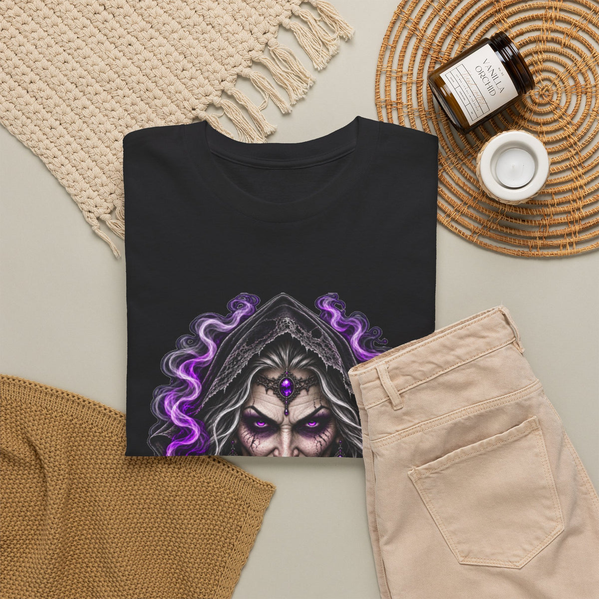 Witch Hood Graphic Tee — Dark Mystic Sorceress Shirt (Purple Drip)