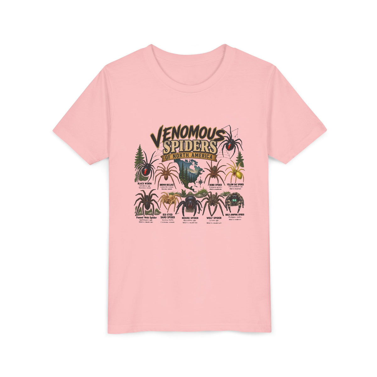 Youth Tee — "Venomous Spiders of North America" Educational Spider Illustration