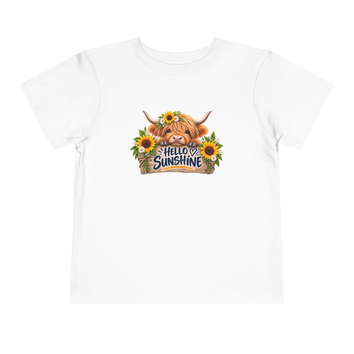Hello Sunshine Toddler Tee — Sunflower Highland Cow Kids Shirt