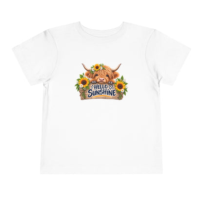 Hello Sunshine Toddler Tee — Sunflower Highland Cow Kids Shirt