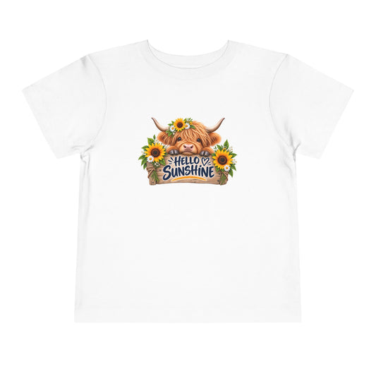 Hello Sunshine Toddler Tee — Sunflower Highland Cow Kids Shirt