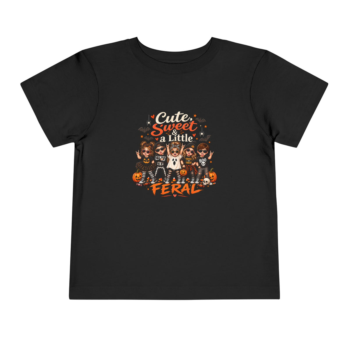 Toddler Tee — "Cute, Sweet, Little, Feral" Halloween Kids Graphic Shirt