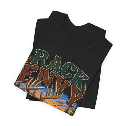 Rack Envy Deer Hunting T-Shirt — "Rack Envy" Graphic Tee with Buck & Forest Scene