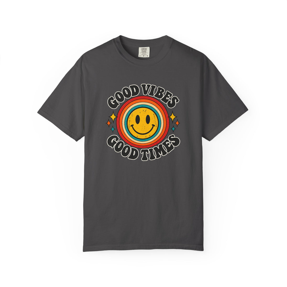 Good Vibes Good Times Smiley Face T-Shirt | Retro Rainbow Graphic
