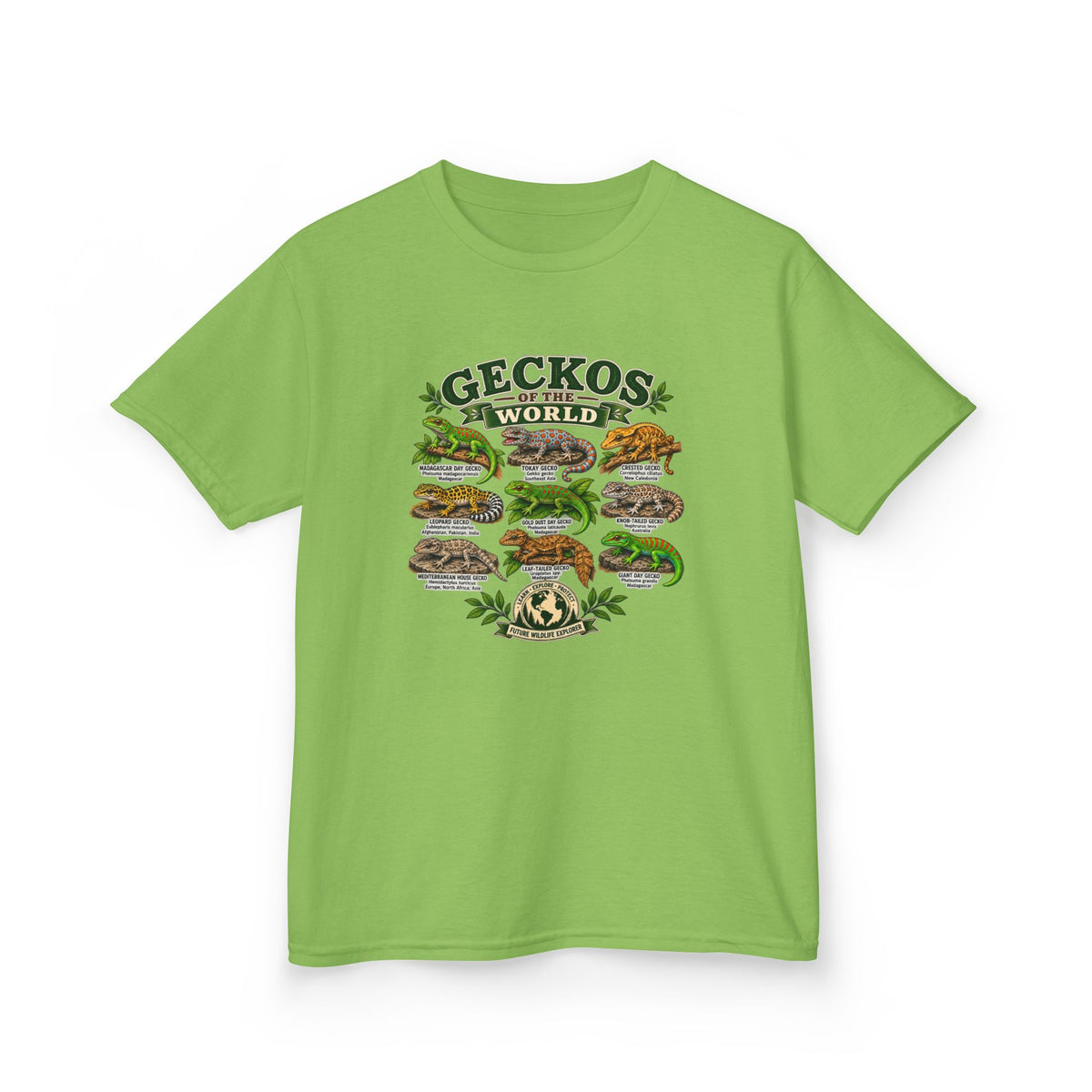 Kids T-Shirt — "Geckos of the World" Illustrated Reptile Tee