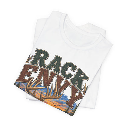 Rack Envy Deer Hunting T-Shirt — "Rack Envy" Graphic Tee with Buck & Forest Scene