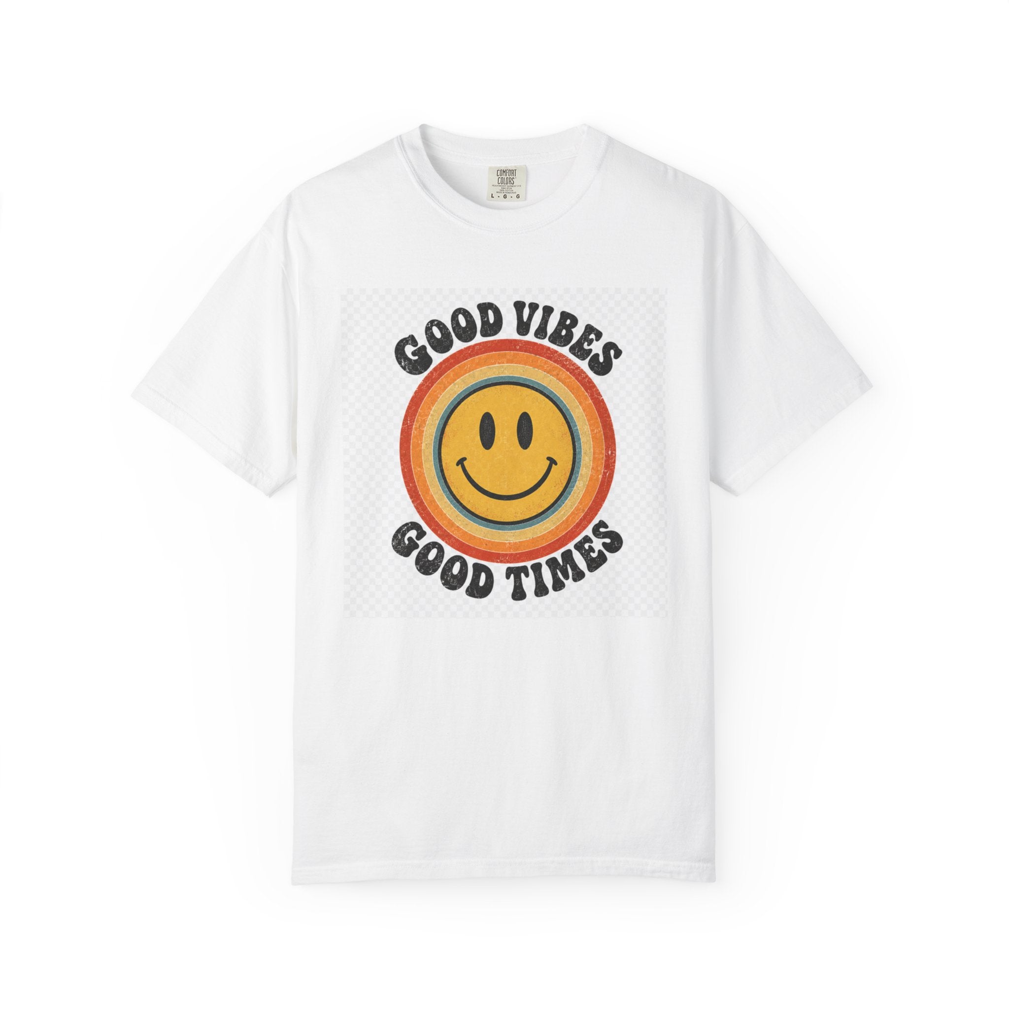 Good Vibes Good Times Smiley Face T-Shirt | Retro Rainbow Graphic