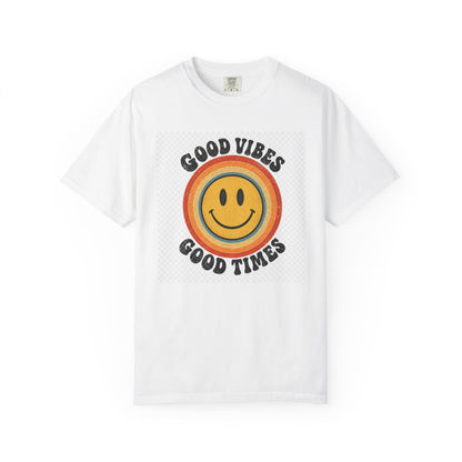 Good Vibes Good Times Smiley Face T-Shirt | Retro Rainbow Graphic