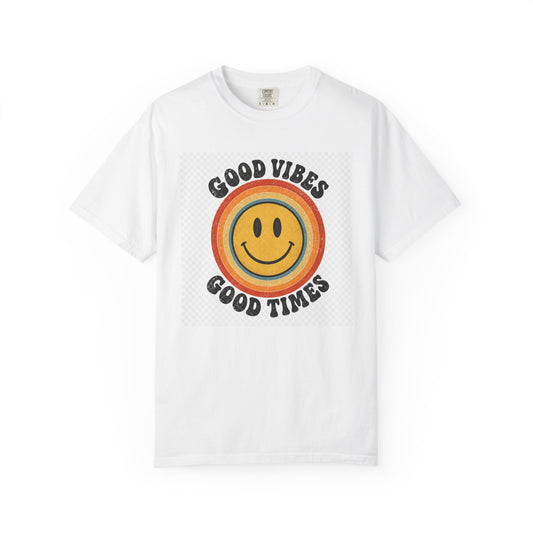Good Vibes Good Times Smiley Face T-Shirt | Retro Rainbow Graphic