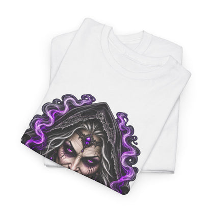 Witch Hood Graphic Tee — Dark Mystic Sorceress Shirt (Purple Drip)