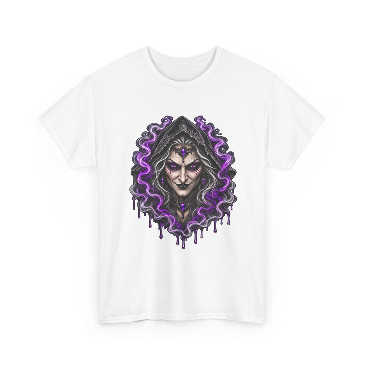 Witch Hood Graphic Tee — Dark Mystic Sorceress Shirt (Purple Drip)