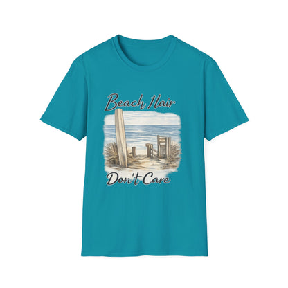 Beach Hair Don't Care T-Shirt — Coastal Surfboard & Chair Graphic Tee