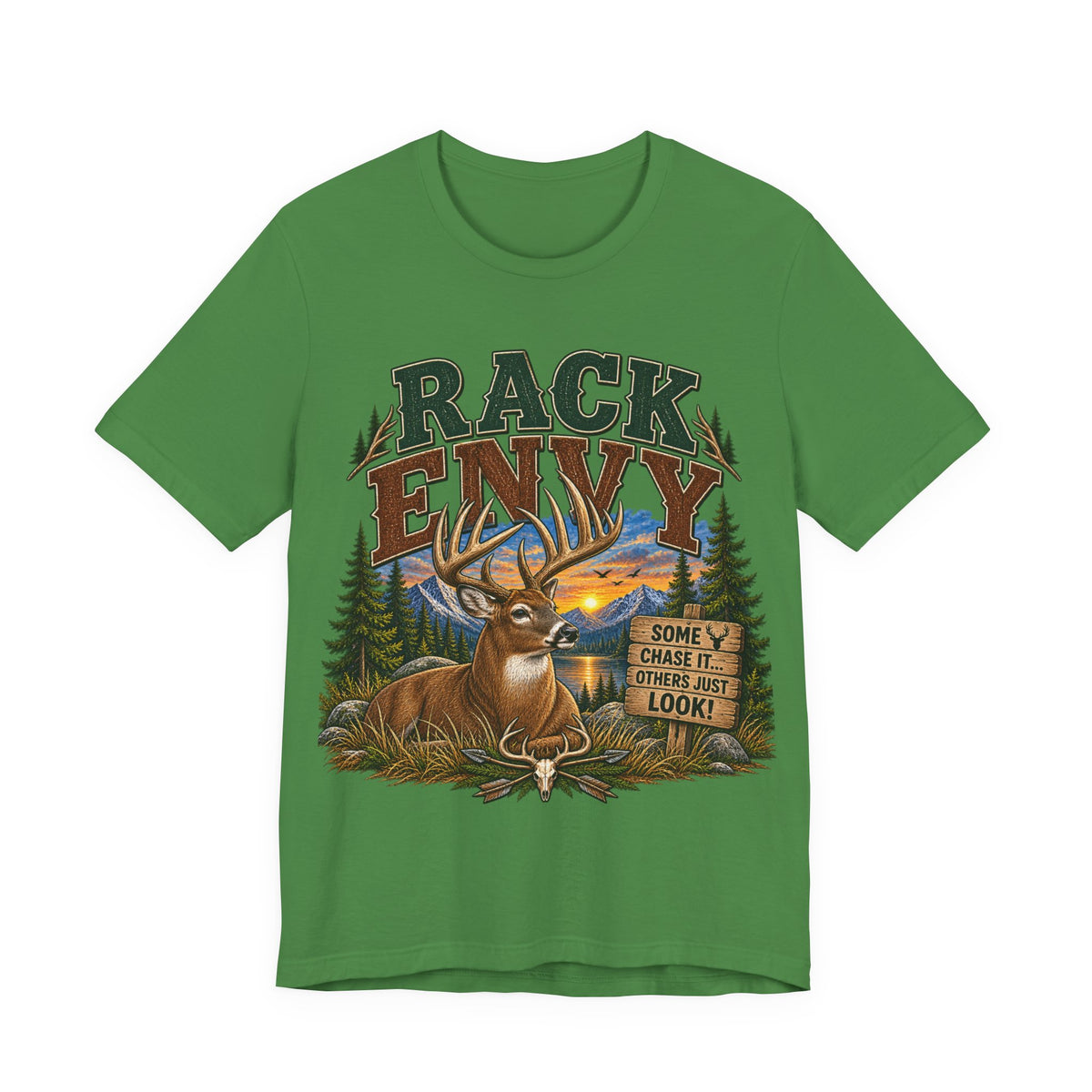Rack Envy Deer Hunting T-Shirt — "Rack Envy" Graphic Tee with Buck & Forest Scene