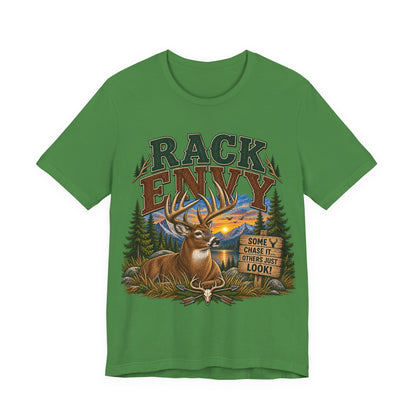 Rack Envy Deer Hunting T-Shirt — "Rack Envy" Graphic Tee with Buck & Forest Scene