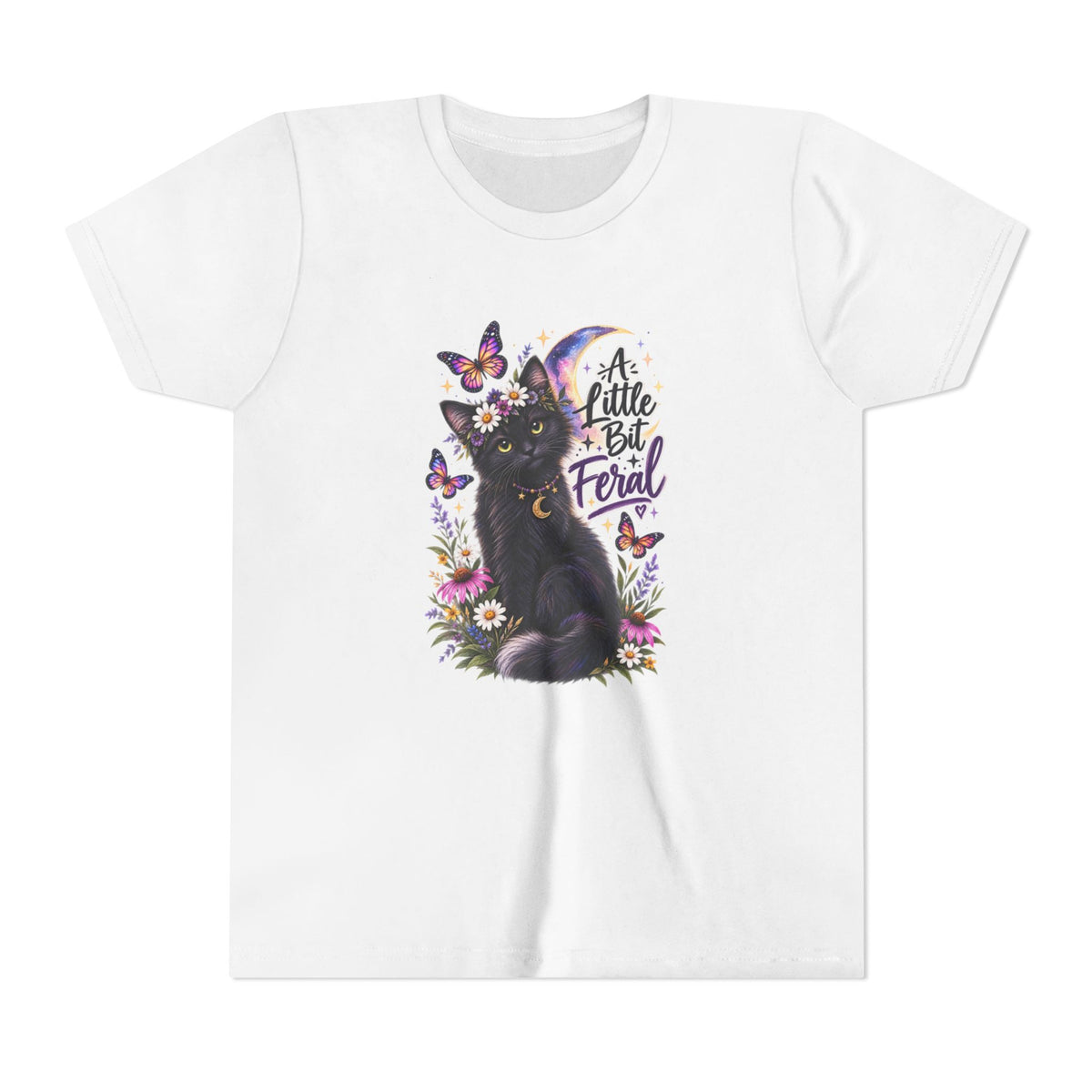 Youth Tee — Black Cat 'A Little Bit Feral' Butterfly Graphic
