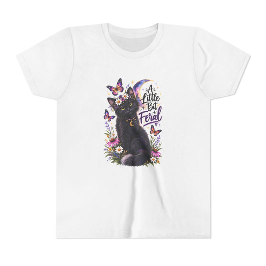 Youth Tee — Black Cat 'A Little Bit Feral' Butterfly Graphic