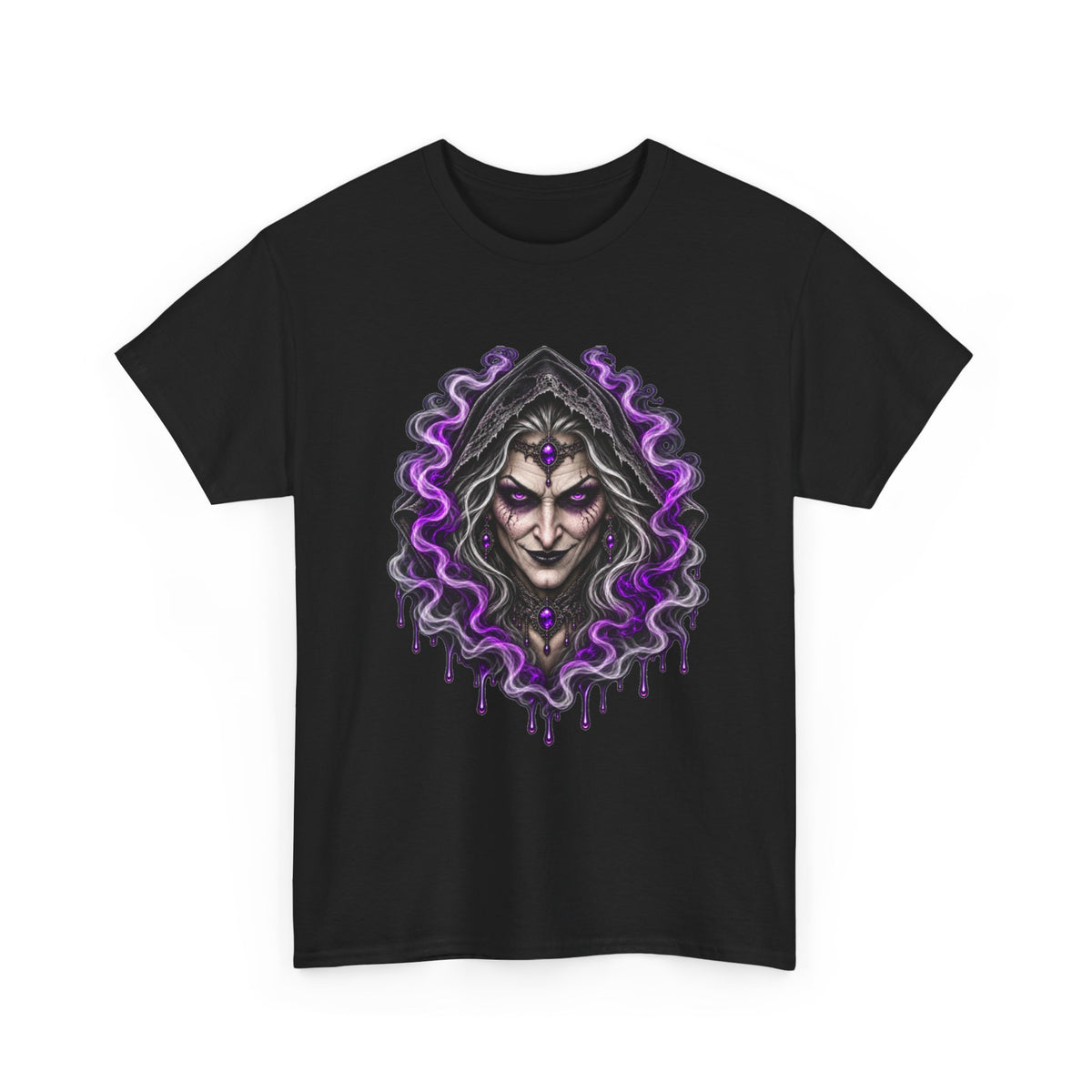 Witch Hood Graphic Tee — Dark Mystic Sorceress Shirt (Purple Drip)