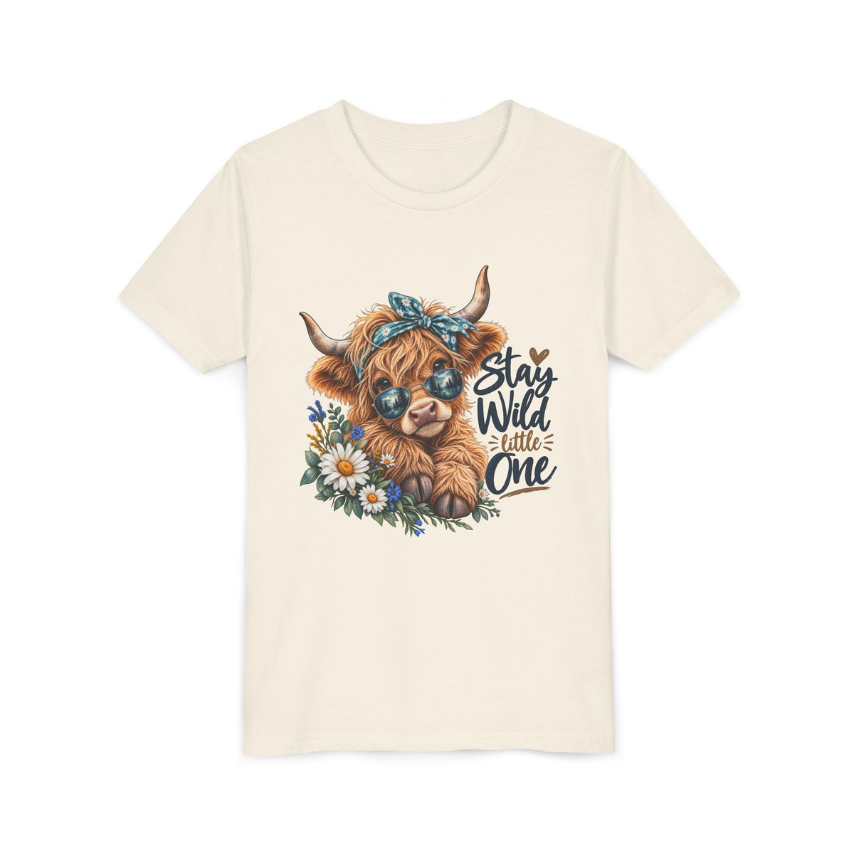Stay Wild Little One Youth Tee — Cute Highland Cow with Daisies