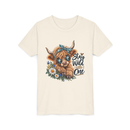 Stay Wild Little One Youth Tee — Cute Highland Cow with Daisies