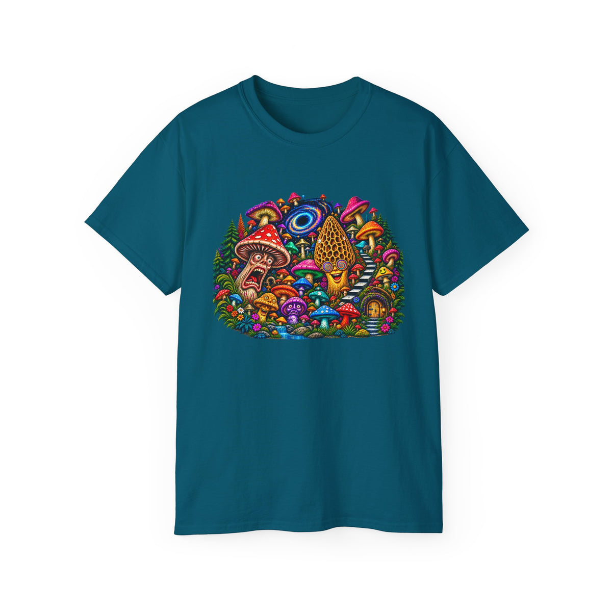 Psychedelic Mushroom Garden Tee — Colorful Magic Fungi Graphic T-Shirt