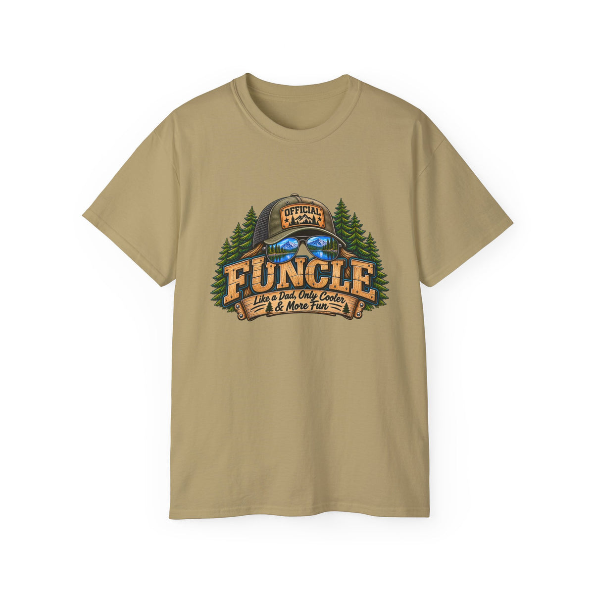 Uncle Camping T-Shirt — “Official Funcle” Outdoors Hat & Sunglasses Design