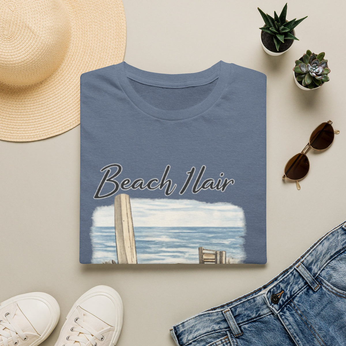 Beach Hair Don't Care T-Shirt — Coastal Surfboard & Chair Graphic Tee